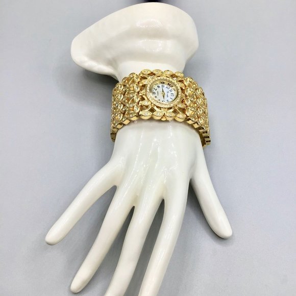 Vintage 90s Xanadu Watch Wide Band Jeweled Gold Tone and Crystals Ladies Watch - Picture 11 of 15
